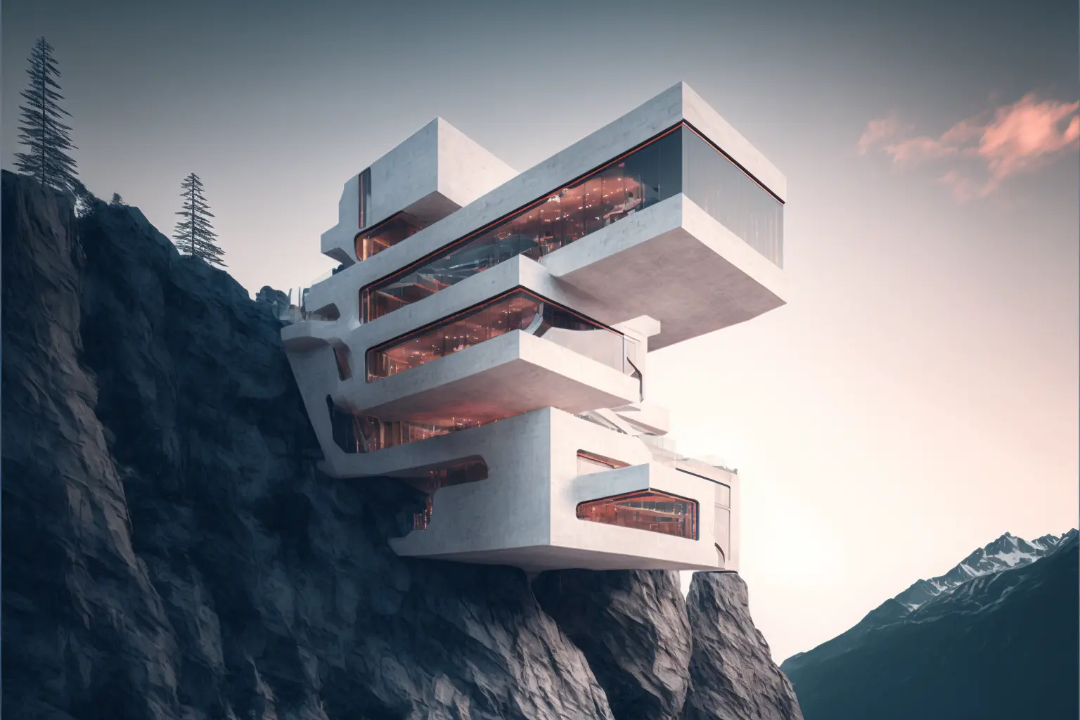 modern resort, staggered and embedded into the side of a mountain, architectural photography, style of archillect, futurism, modernist architecture